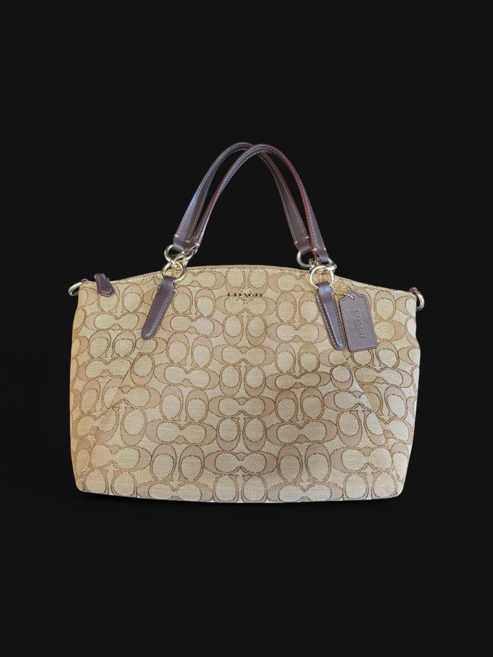 Coach Khaki/Tan Signature Monogram Tote with Brown Leather Trim